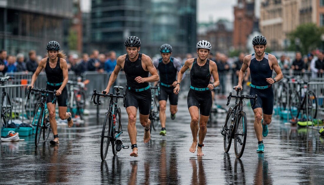 Triathleten laufen barfuß mit Rennrädern durch eine nasse Wechselzone vor Zuschauern.