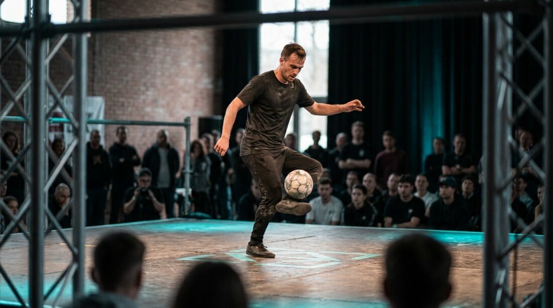 Freestyle-Fußballer balanciert einen Ball auf dem Fuß vor Publikum auf einer beleuchteten Bühne