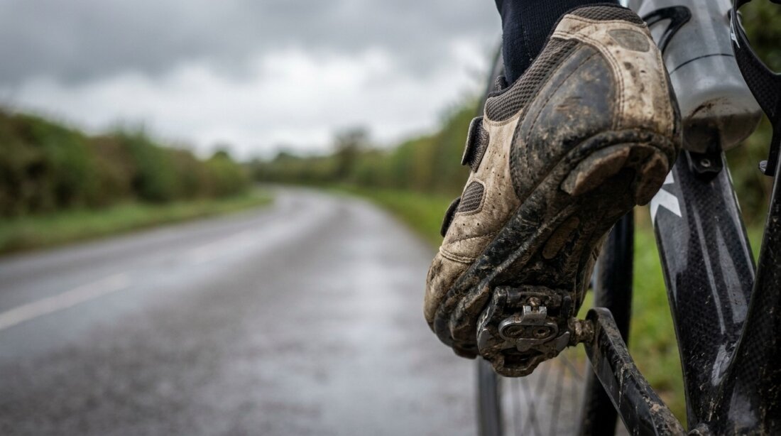 Nahaufnahme eines verschmutzten Radschuhs am Pedal, daneben eine nasse Straße mit unscharfer Landschaft.