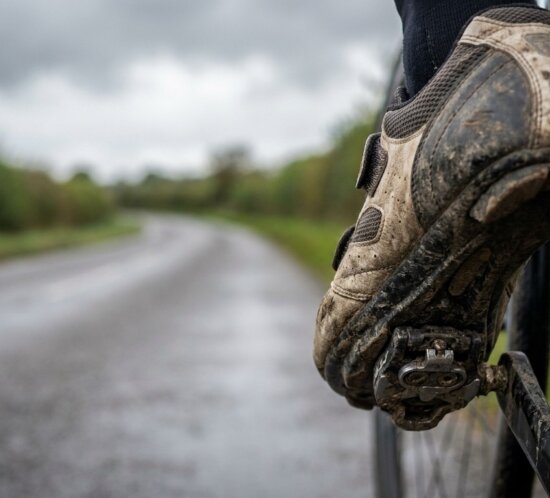 Nahaufnahme eines verschmutzten Radschuhs am Pedal, daneben eine nasse Straße mit unscharfer Landschaft.