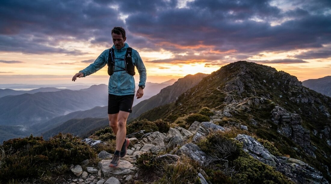 Trailrunner läuft bei Sonnenaufgang über einen felsigen Berggrat, im Hintergrund Wolken und Täler