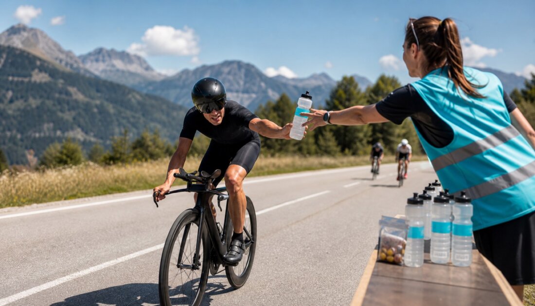 Europäischer Triathlon-Radabschnitt an einer Verpflegungsstelle bei hellem Tageslicht: ein Agegrouper im Aero-Setup greift im Vorbeifahren nach einer durchsichtigen Sportgetränk-Flasche von einem Helf