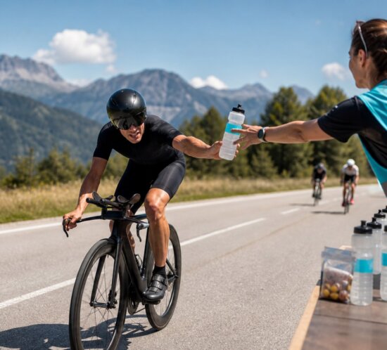 Europäischer Triathlon-Radabschnitt an einer Verpflegungsstelle bei hellem Tageslicht: ein Agegrouper im Aero-Setup greift im Vorbeifahren nach einer durchsichtigen Sportgetränk-Flasche von einem Helf