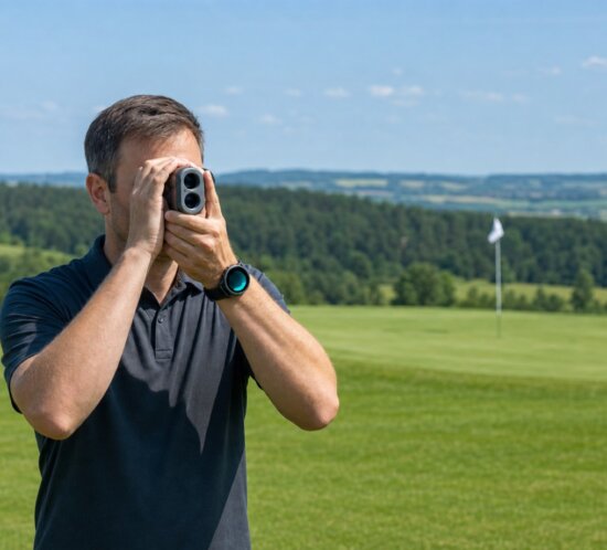 Golfer in dunklem Poloshirt blickt durch einen Laser-Entfernungsmesser auf ein Flag auf dem Golfplatz.