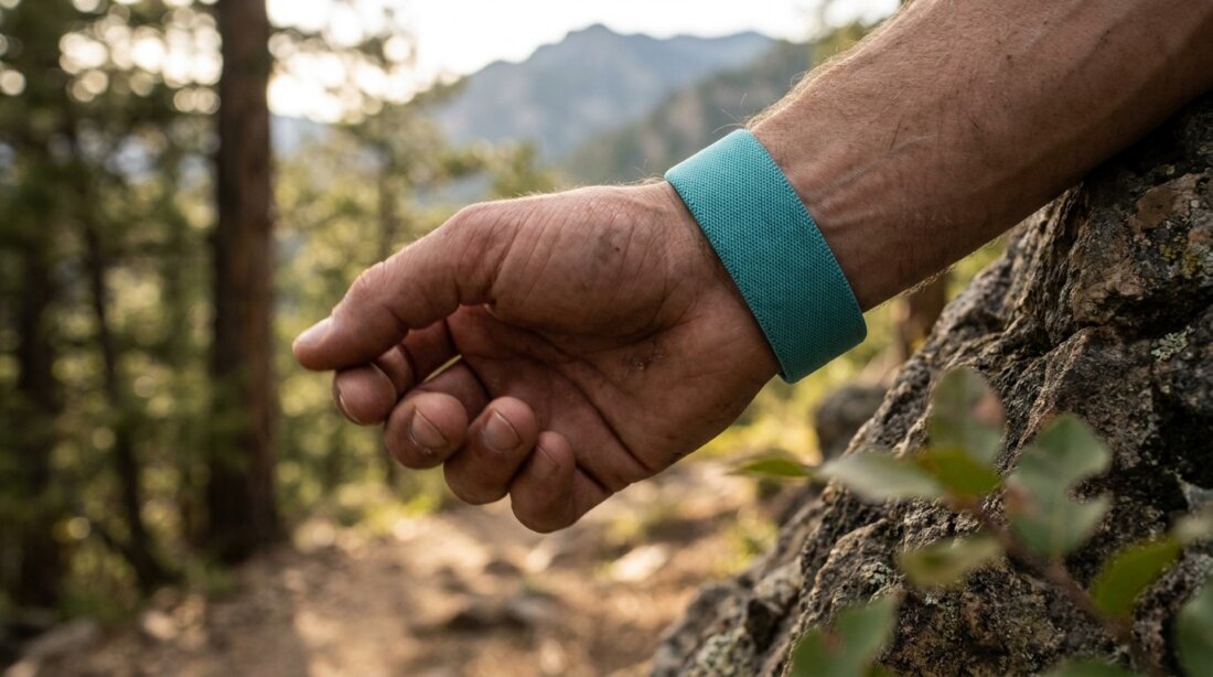 Nahaufnahme eines Arms mit türkisfarbenem Fitnessarmband neben einem Baum im Wald
