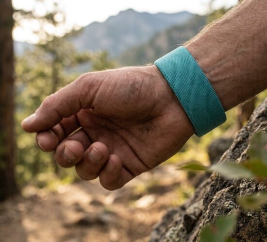 Nahaufnahme eines Arms mit türkisfarbenem Fitnessarmband neben einem Baum im Wald