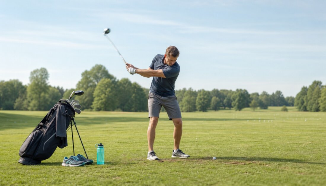 Europäischer Driving-Range-/Abschlagplatz am hellen Vormittag, freizeitlicher Golfer (generisches Gesicht, frontal-schräg) mitten im Downswing, Hüftrotation und Stand klar lesbar; im Gras neben der Ta