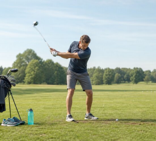 Europäischer Driving-Range-/Abschlagplatz am hellen Vormittag, freizeitlicher Golfer (generisches Gesicht, frontal-schräg) mitten im Downswing, Hüftrotation und Stand klar lesbar; im Gras neben der Ta