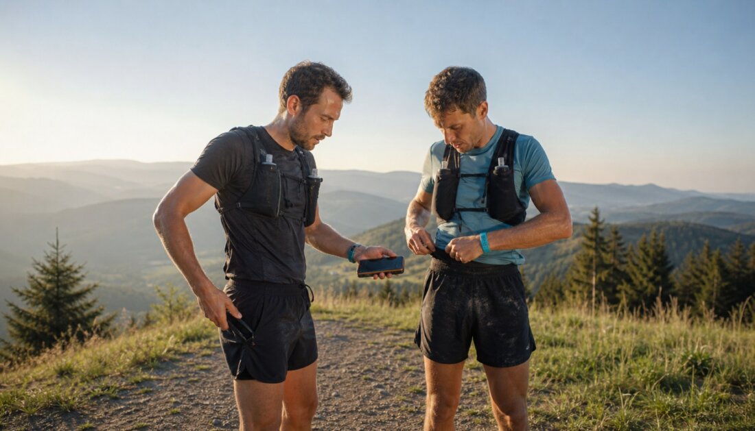 Zwei Trail-Läufer rasten auf einer sonnigen Kuppe an einem europäischen Waldweg, Morgenlicht, weite Aussicht. Eine Person zieht im Stehen ein Smartphone aus der seitlichen Reißverschluss-Tasche der La