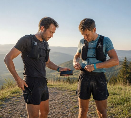 Zwei Trail-Läufer rasten auf einer sonnigen Kuppe an einem europäischen Waldweg, Morgenlicht, weite Aussicht. Eine Person zieht im Stehen ein Smartphone aus der seitlichen Reißverschluss-Tasche der La