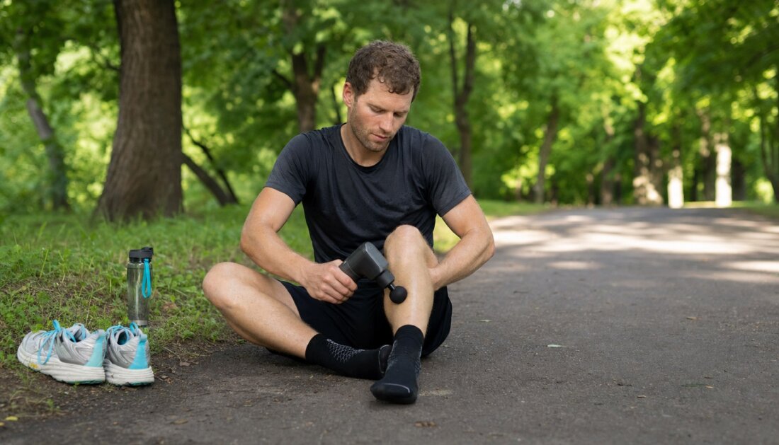 Europäischer Läufer oder Triathlet sitzt nach einer Einheit am Rand eines Asphaltwegs/Parkwegs im hellen Tageslicht, noch im Laufoutfit, und führt eine neutrale, logo-freie Massagepistole entlang der
