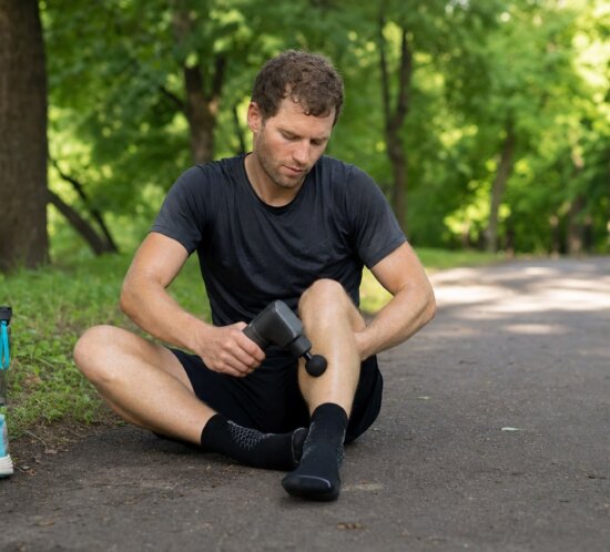 Europäischer Läufer oder Triathlet sitzt nach einer Einheit am Rand eines Asphaltwegs/Parkwegs im hellen Tageslicht, noch im Laufoutfit, und führt eine neutrale, logo-freie Massagepistole entlang der
