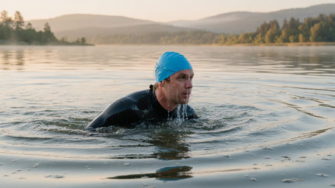 Freiwasserschwimmer beim Sighting im offenen See (KI-generiertes Beitragsbild)