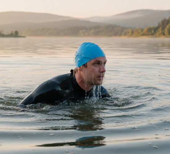 Freiwasserschwimmer beim Sighting im offenen See (KI-generiertes Beitragsbild)