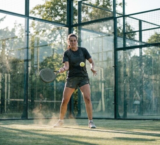 Spielerin schlägt den Ball auf einem Padel-Court mit Glaswänden, Padel-Schläger mit gelochter Schlagfläche