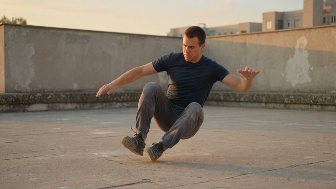Parkour-Athlet bei einer kontrollierten weichen Landung auf Beton (KI-generiertes Beitragsbild)