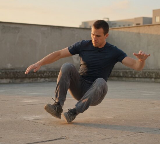 Parkour-Athlet bei einer kontrollierten weichen Landung auf Beton (KI-generiertes Beitragsbild)