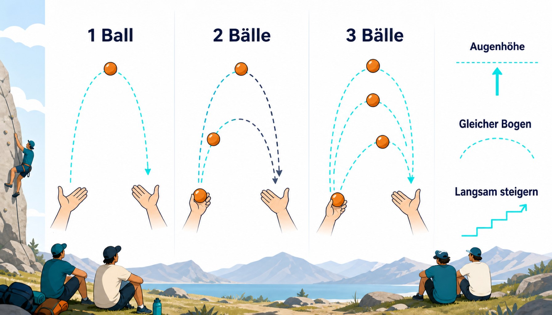 Schrittweise Anleitung zur Drei-Ball-Kaskade: von einem Ball bis zur fließenden Bewegung.
