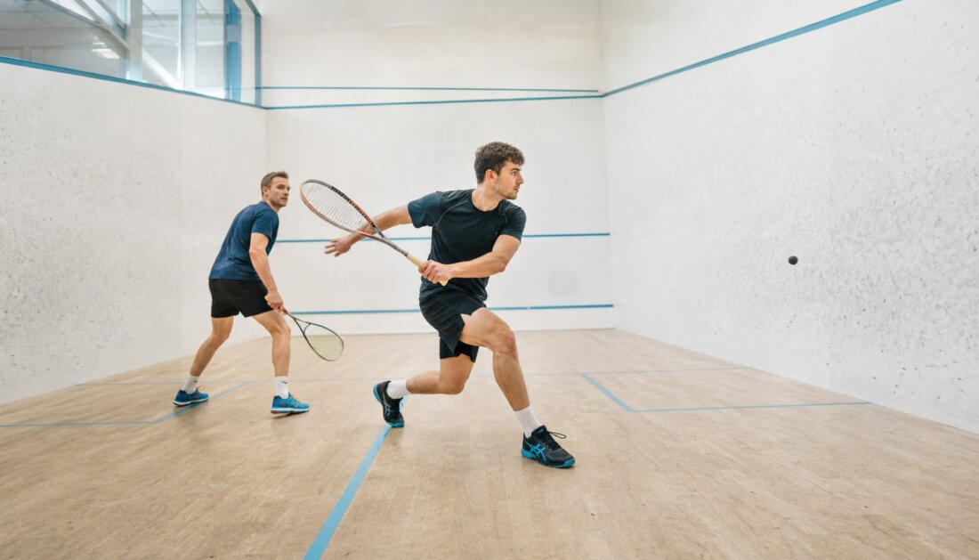 Zwei Männer spielen Squash auf einem hellen Court, einer schlägt den schwarzen Ball.