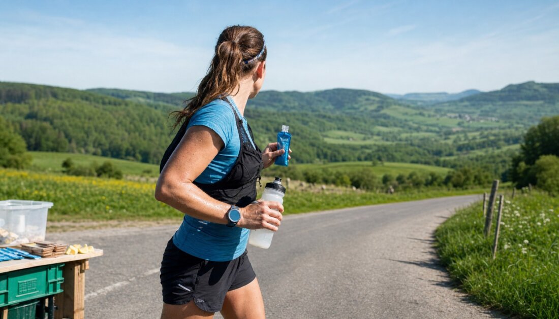 Kohlenhydrat-Timing im Longrun: Laeuferin an der Verpflegungsstelle, Gel und Trinkflasche in der Hand, heller Vormittag, Asphaltstrasse