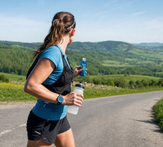 Kohlenhydrat-Timing im Longrun: Laeuferin an der Verpflegungsstelle, Gel und Trinkflasche in der Hand, heller Vormittag, Asphaltstrasse