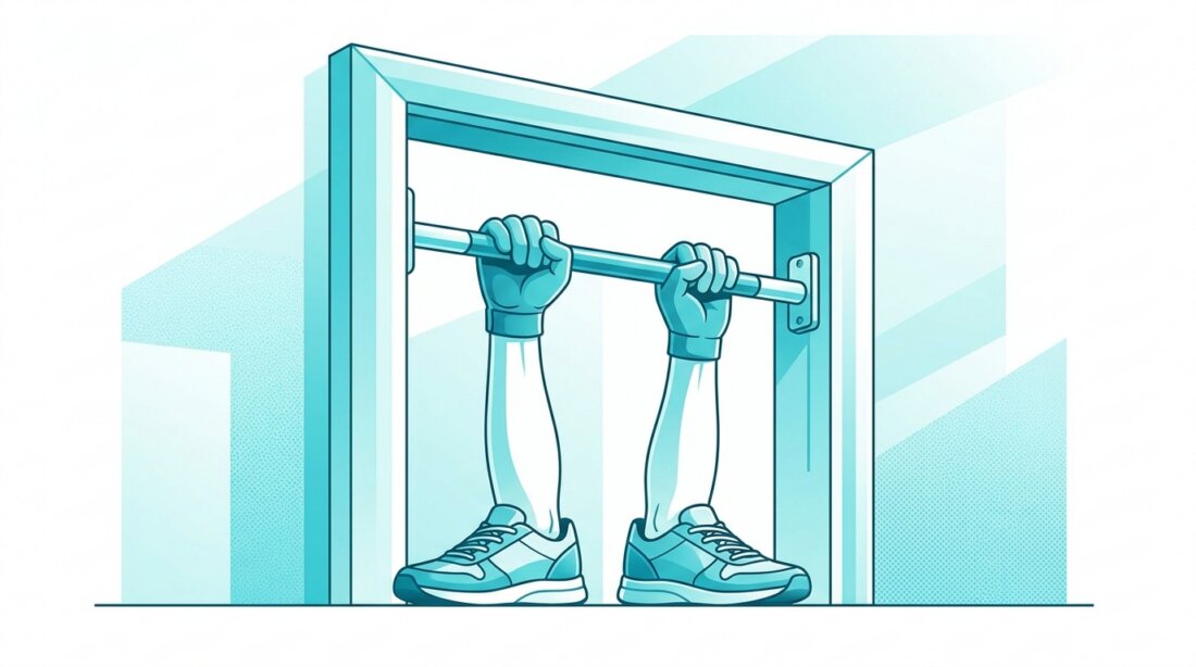 One doorway pull-up bar centered as a single namable object. Two hands grip the bar, feet remain on the floor. Cyan and white sports editorial illustration. No text