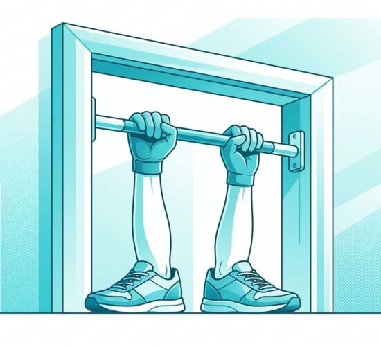 One doorway pull-up bar centered as a single namable object. Two hands grip the bar, feet remain on the floor. Cyan and white sports editorial illustration. No text