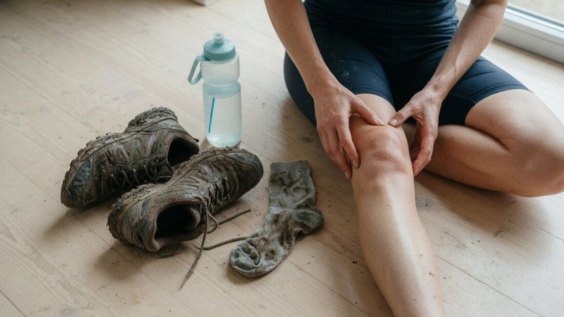 Person in Sportkleidung sitzt auf Holzboden und hält ein gebeugtes Knie; daneben liegen Schuhe, Socke und Trinkflasche.