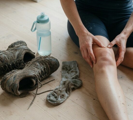 Person in Sportkleidung sitzt auf Holzboden und hält ein gebeugtes Knie; daneben liegen Schuhe, Socke und Trinkflasche.