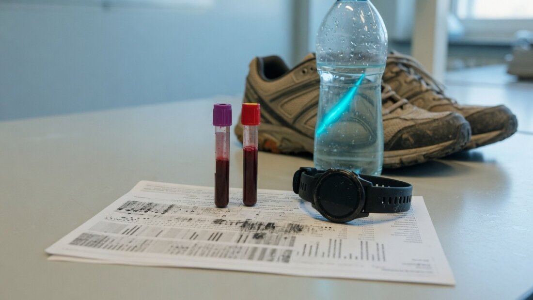 Zwei Blutproben, eine Sportuhr, Laufschuhe und eine Wasserflasche liegen auf einem bedruckten Bogen.