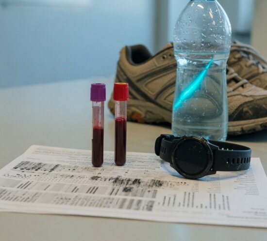 Zwei Blutproben, eine Sportuhr, Laufschuhe und eine Wasserflasche liegen auf einem bedruckten Bogen.