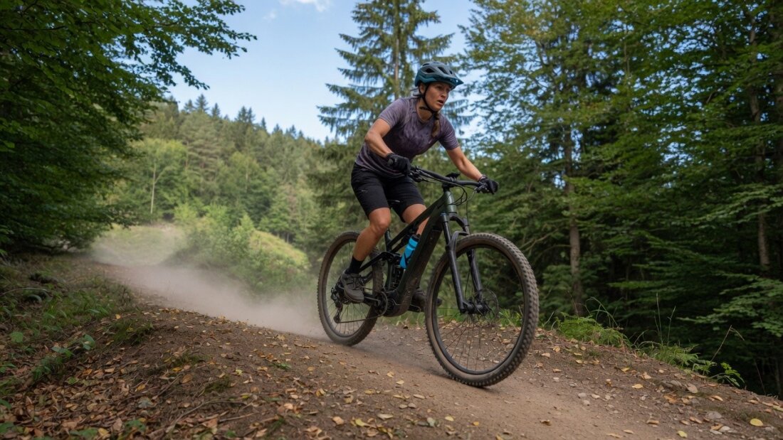 Eine Mountainbikerin fährt auf einem Mountainbike über einen staubigen Waldtrail zwischen dichtem Baumbestand.