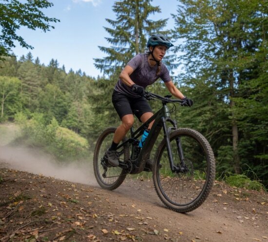 Eine Mountainbikerin fährt auf einem Mountainbike über einen staubigen Waldtrail zwischen dichtem Baumbestand.