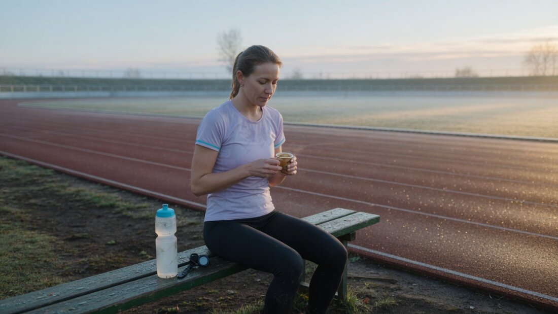 Dokumentarische Szene am fruehen Morgen vor einem Ausdauerlauf: eine Laeuferin in Funktionskleidung sitzt auf einer Bank am Rand eines Sportplatzes, in der Hand ein kleiner Espresso-Becher, daneben au