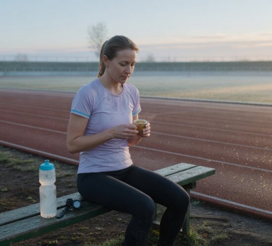 Dokumentarische Szene am fruehen Morgen vor einem Ausdauerlauf: eine Laeuferin in Funktionskleidung sitzt auf einer Bank am Rand eines Sportplatzes, in der Hand ein kleiner Espresso-Becher, daneben au