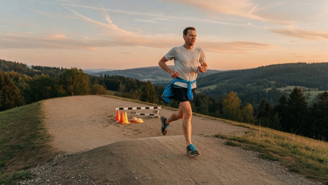 Läufer in weißem T-Shirt läuft auf einem Feldweg vor einer Hügellandschaft; hinter ihm stehen Hürden und Kegel.