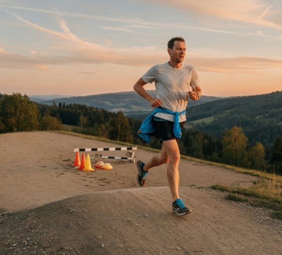 Läufer in weißem T-Shirt läuft auf einem Feldweg vor einer Hügellandschaft; hinter ihm stehen Hürden und Kegel.