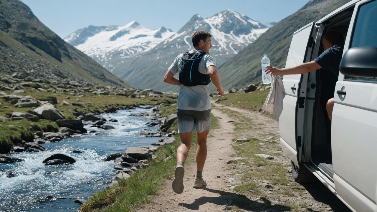 Trailrunner bei Hitze-Management: Crew übergibt Eiswasser während eines Ultra-Laufs in den Alpen.