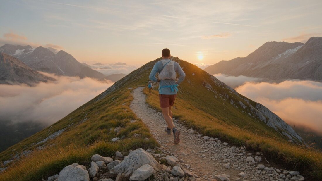 Läuferin auf einem schmalen Bergpfad über einem Grat vor alpiner Bergkulisse und aufgehender Sonne