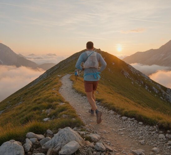 Läuferin auf einem schmalen Bergpfad über einem Grat vor alpiner Bergkulisse und aufgehender Sonne