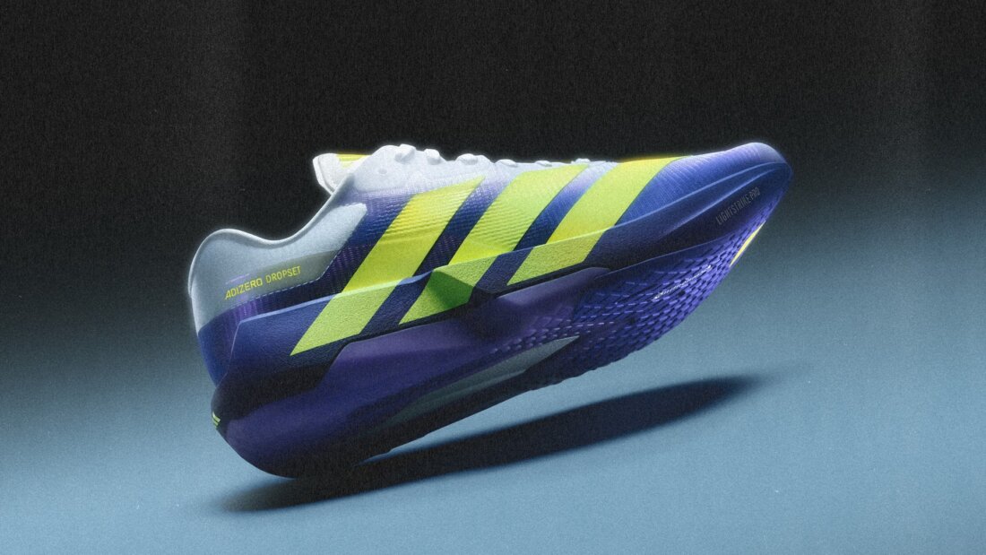 adidas Adizero Dropset Pro, Trainingsschuh in Blau und Gelb, Pressebild