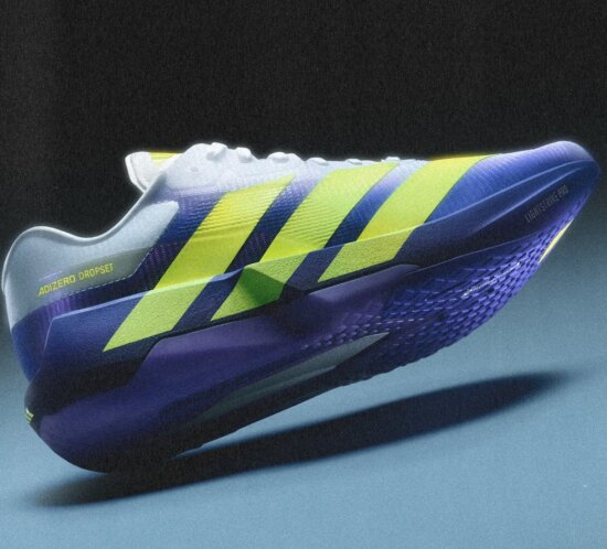 adidas Adizero Dropset Pro, Trainingsschuh in Blau und Gelb, Pressebild