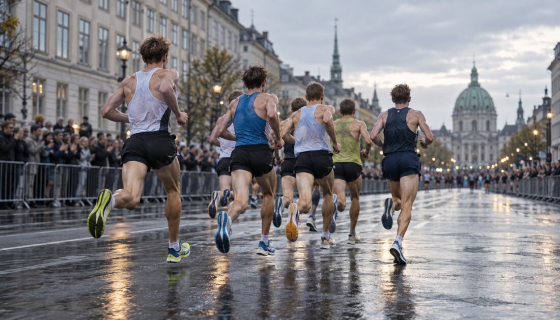Läufer auf der Zielgeraden einer Straßenmeile in Kopenhagen, nasser Asphalt, Zuschauer hinter Absperrgittern (KI-generiert)