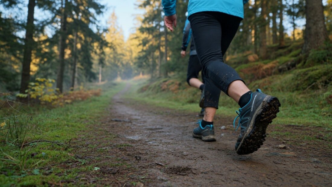 Trailläufer mit geschlossenem Trailrunning-Schuh auf einem Waldweg (KI-generiert)