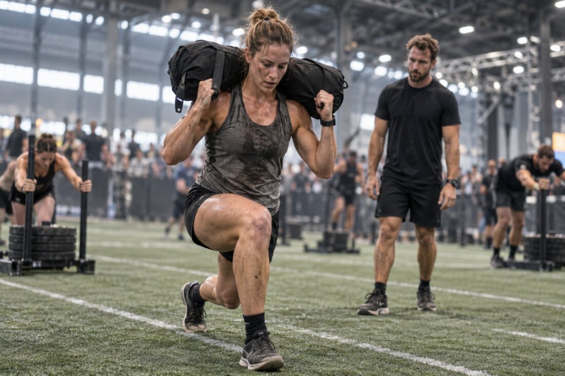 Eine Athletin trägt einen schwarzen Trainingssack über den Schultern und macht einen Ausfallschritt in einer Sporthalle.