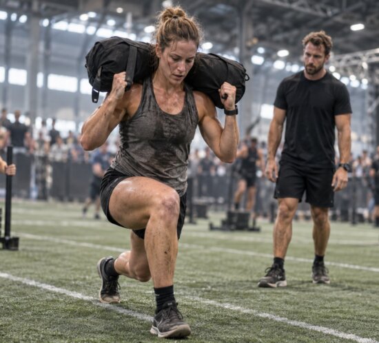 Eine Athletin trägt einen schwarzen Trainingssack über den Schultern und macht einen Ausfallschritt in einer Sporthalle.