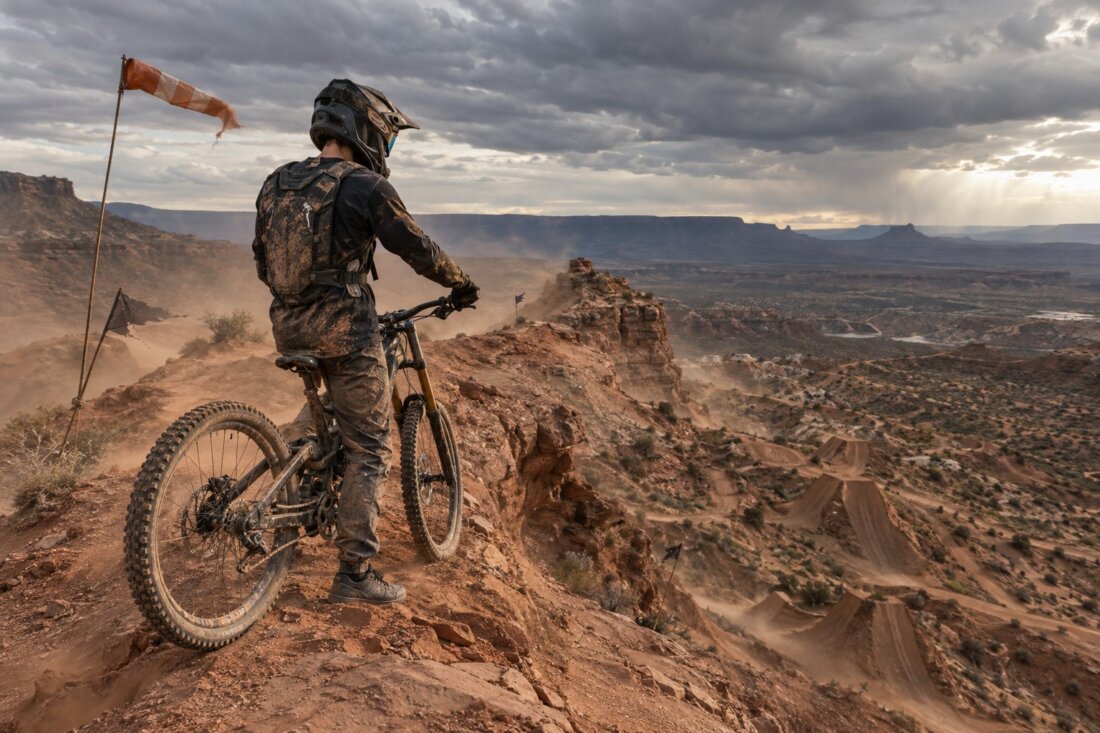 Mountainbiker mit Helm steht neben seinem Fahrrad auf einem felsigen Wüstenhang unter dunklen Wolken.