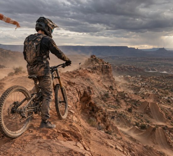 Mountainbiker mit Helm steht neben seinem Fahrrad auf einem felsigen Wüstenhang unter dunklen Wolken.